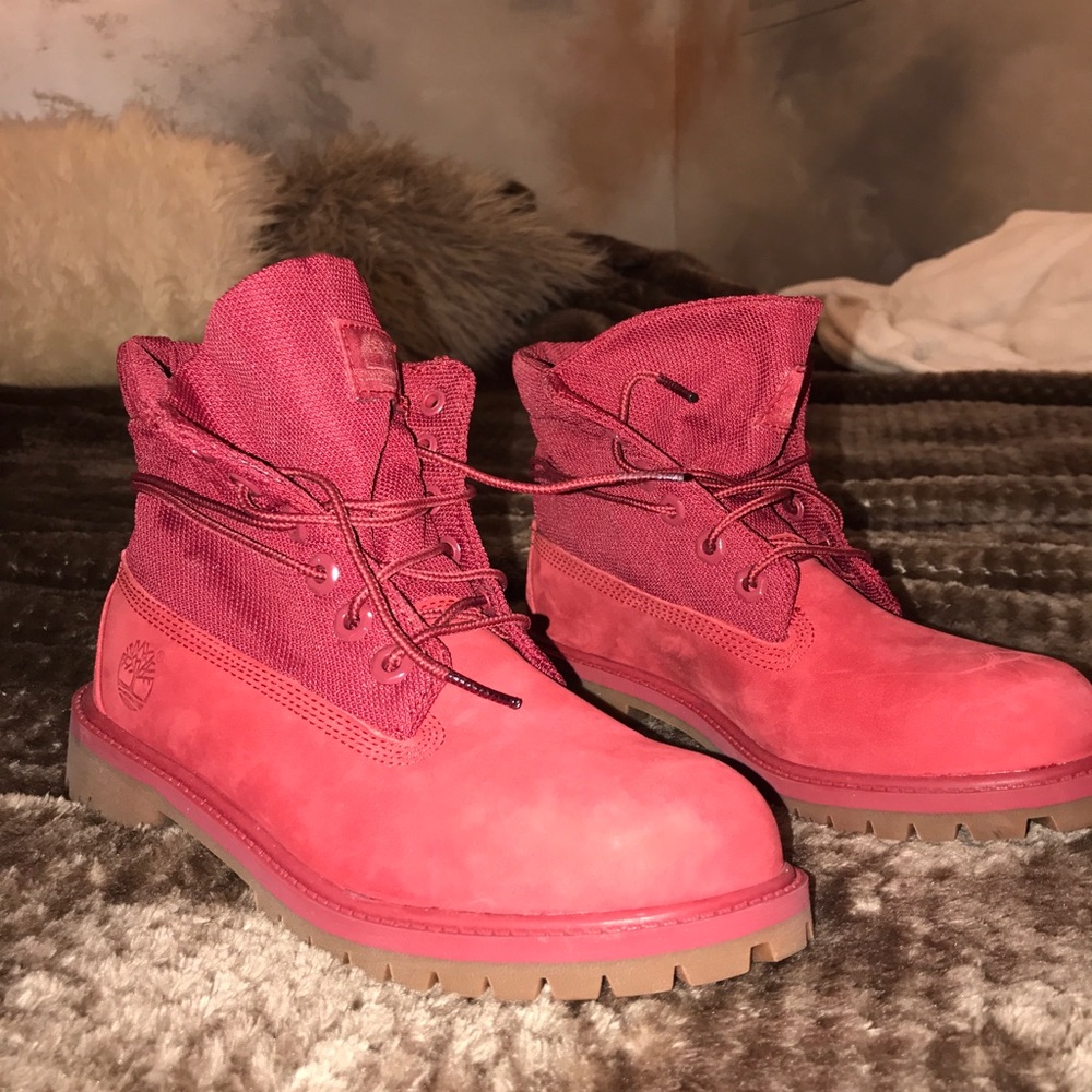 Red Timberland Roll Top Boots
